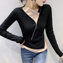 봄과 가을 새로운 여성 골프 의류 여성 골프 탑 패션 컬러 매칭 지퍼 불규칙한 기본 셔츠 여성 디자인 센스 페이크 투피스 탑 세련된 티셔츠 긴팔 대비 색상