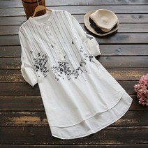면 스탠드 칼라 풀오버 셔츠 여성 가을 ​​여성 블라우스 문학 일본 스타일 꽃 자수 긴 소매 긴 셔츠