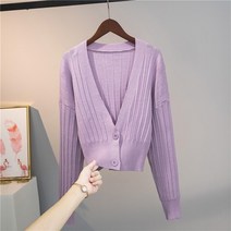 여성 크롭 핫핑크가디건 라임색 보라색 하늘색 UHYTGF-카디건 스웨터 여성 니트 코트 봄/가을 의류 긴