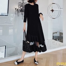 잇츠스타일 [L-3XL] 빅사이즈 롱티셔츠 블랙 스티치 메쉬 스커트 긴팔 원피스