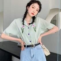 Baiwife 여름 튤립 자수 블라우스 여성 디자인감 미니 블라우스 여성 여름 빈티지 블라우스