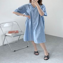 오슈 바다패션 줄지 반팔 롱셔츠 미디 데일리 롱원피스