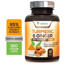 NATURES NUTRITION 네이처스뉴트리션 투메릭 진저 바이오페린 1회분당 1950mg 터메릭 강황 생강 180캡슐 Turmeric Curcumin Curcuminoids, 1개