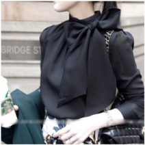[바니드] 여성 하프넥 리본 쉬폰 봄가을 블라우스 블랙 화이트 2113