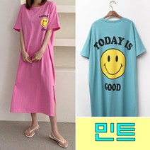 러브포텐 여성 반팔 롱원피스 빅사이즈 옆트임 원피스 스마일 프린팅 레터링 홈웨어 롱원피스