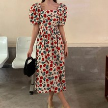 [랜덤플레이] 스퀘어넥 복고풍 장미 퍼프 롱 원피스