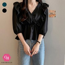 시크힐즈 빅사이즈 프릴 리본 브이넥 블라우스 02331