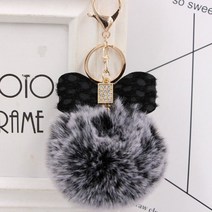 보우 라인 석 Pom 키 체인 솜털 인조 모피 Pompoms 여자 열쇠 고리 가방 Keycha Craft Cute Keychain Charms, [15] Black Gray Black