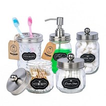 메이슨 자 욕실 액세서리 세트 5피스 욕실 세트에는 거품 메이슨 자 비누 디스펜서 칫솔 홀더 아포테케리 병 3개 컨트리 조리대 소박한 농가 장식 정리함 (실버), Silver