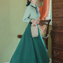 경성의복 그린 투피스 가을 하객룩 정장 레트로 스트라이프 ZY118