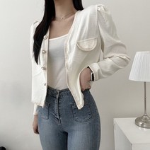 VANANA2 여성 데일리 청순 러블리 어깨 셔링 트위드 배색 가디건 자켓