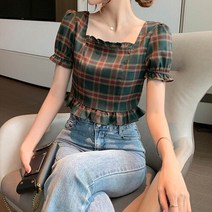 녹색 블라우스 체크무늬 반팔 여름 동안코디 회사원 블라우스