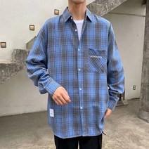 남자의 얇은 한국 스타일 유행 잘 생긴 캐주얼 느슨한 긴팔 체크 무늬 셔츠