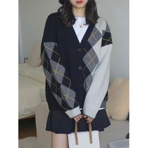 Z3JC 빈티지 깅엄 브이넥 루즈 니트 카디건