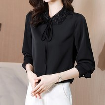 다이뻐 리틀깽스 빅사이즈 44~88 부드러운 실크 심플 깔끔한 여성스러운 긴팔 출근룩 오피스룩 구슬 카라 리본 블라우스