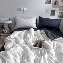[All] 북유럽 인스타 감성 투톤 파스텔 침구 커버 풀세트 4종 단색 사계절 코튼 순면 이불 모음, 화이트+네이비_슈퍼싱글 커버형 4종