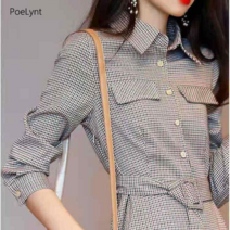 PoeLynt 빈티지 체크 셔츠 원 가을 조거 긴팔 A자 세미 원피스