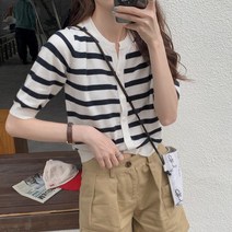 5부 소매 크롭 스트라이프 단가라 가디건 여성 니트