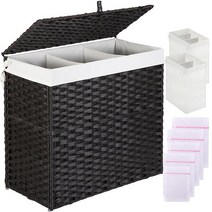 Greenstell 뚜껑이 있는 세탁 바구니 125L 대형 3섹션 의류 바구니 2가지 유형의 탈착식 라이너 백 및 5개의 메시 세탁 가방 수제 합성 라탄 분할 세탁 바구니, Black