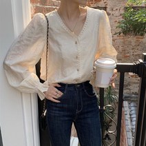 여성 퍼프 소매 블라우스 1P 브이넥 프릴 긴팔 셔츠