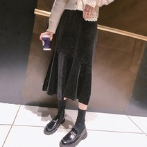 제이블리 실버 퍼 벨벳 사선 스티치 미디 스커트