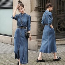 꽃소담 여자 봄가을 밴딩 벨트 데님 롱 원피스 QQA2858