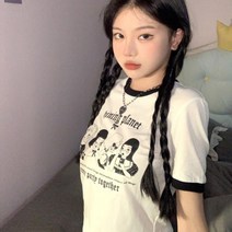 크롭 링거티 프린팅 반팔 키치 티셔츠 작업장옷 운동복 홈웨어 라운드넥반팔티 여자티
