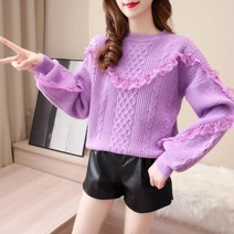 여성용 라운드 루즈핏 벌룬 소매 프럴 레이스 맨투맨 하늘비즈 C11 R112U109