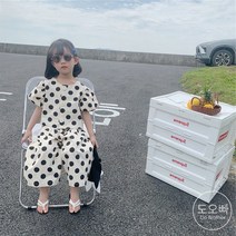도오빠 아동 상하복 세트 투피스 반팔 블라우스 셔츠 라운드넥 밴딩 루즈핏 바지 와이드핏 팬츠 퍼프 소매 땡땡이 무늬 도트 패턴 여름 여아 키즈 어린이