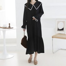 eyedoll 털실배색 빅카라 케이프 세라 프릴 브이넥 블랙 맥시 롱원피스