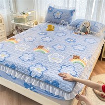 융단 면 침대 싱글 레이스 겨울 두꺼운 커버 매트리스, 무지개 곰 토끼, 레이스 베갯잇 두 개.