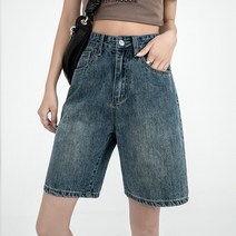 레스코드 ootj바지 여성 하이웨이스트 데님 반바지 캐주얼 와이드 남자 친구 청바지 단색 무릎 길이