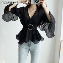 JUSTFEELING 여자 브이넥 프필 블라우스 셔링 벨트 플레어 소매 슬림 티셔츠 상의