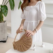 러빙엠 여름 5부 반팔 얇은 스퀘어넥 퍼프 스모키 레이스 A라인 롱 원피스 바캉스룩