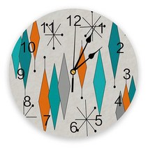 25.4cm 시크 라운드 벽시계 아트 크리에이티브 배터리 작동 비똑딱 소리 없는 중세 모던 다이아몬드 패턴 프린트 PVC 시계 침실 호텔 홈 오피스 스쿨 USA 미국