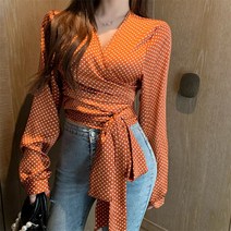 럭셔리 여성 고급스러운 빅사이즈 의류 여자 땡땡이 V넥 묶는 도트 데일리 셔링 블라우스 셔츠 여자상의