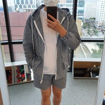 남자 여자 투웨이 체크 바람막이 반바지 스웨트셋업 여름 후드 아노락 커플트레이닝복세트