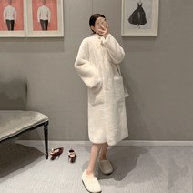 패션 스트리트 레이디 인조모피 코트 겨울 흰색 여성 라글란 슬리브 포켓 럭셔리 오버사이즈