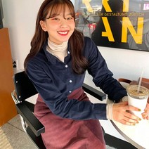 카라넥 프렌치 클래식 다크 블루 기모 여성 이너웨어 겨울 가을 두꺼운 겹겹이 입기 코듀로이 와이셔츠 3987894249