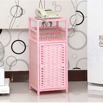 심플 4단 라탄 미니협탁 여닫이문 쇼파옆 선반 침대 테이블, 완제품, 핑크