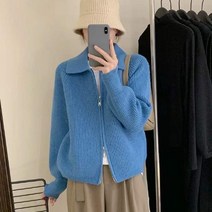 투웨이 니트 집업 가디건 여성 가을 겨울 카라 지퍼 코발트블루 니트 코디
