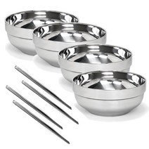 [서원상사] 이중진공 스텐냉면기 4P+젓가락 4벌세트 18cm 20cm/냉면그릇/탕기/진공대접/국그릇/탕그릇/라면기, 20cm