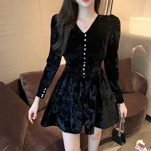 미니보석단추 브이넥 퍼프 A라인 플레어 벨벳 미니원피스 T1235