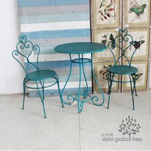 북유럽 빈티지 철제 의자 벤치 테이블 정원 꾸미기 조경 소품, 청록 테이블 +의자2개