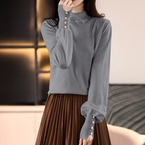 스타일아유 여성 겨울 베이직 무지 반 목 폴라 셔링 퍼프 벌룬 소매 니트 티셔츠