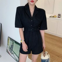 여성 린넨 점프수트 여름 정장 반바지 날씬해보이는 브이넥 벨트 슈트 포켓 깔끔한 세련된