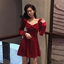 겨울 스퀘어넥 벨벳 원피스 미니 A라인 연말 파티 여친룩 크리스마스 데이트 코디