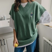 로로텐 베어 자수 캡소매 니트 조끼 브이넥 루즈핏 여성 빅사이즈