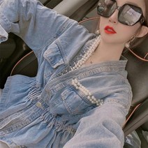 weihan봄 여성 숏 청자켓 크롭 청자켓 밴드 브이넥 허리 여밈 진주 장식 재킷