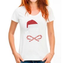 크리스마스 해골과 십자가 사탕 지팡이 산타 블랙 소프트 주니어 티셔츠 탑 레트로 O 넥 티셔츠, WoMen white_L